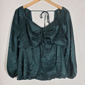 Lily White Green Satin Puff Sleeve Peplum Blouse Size XL